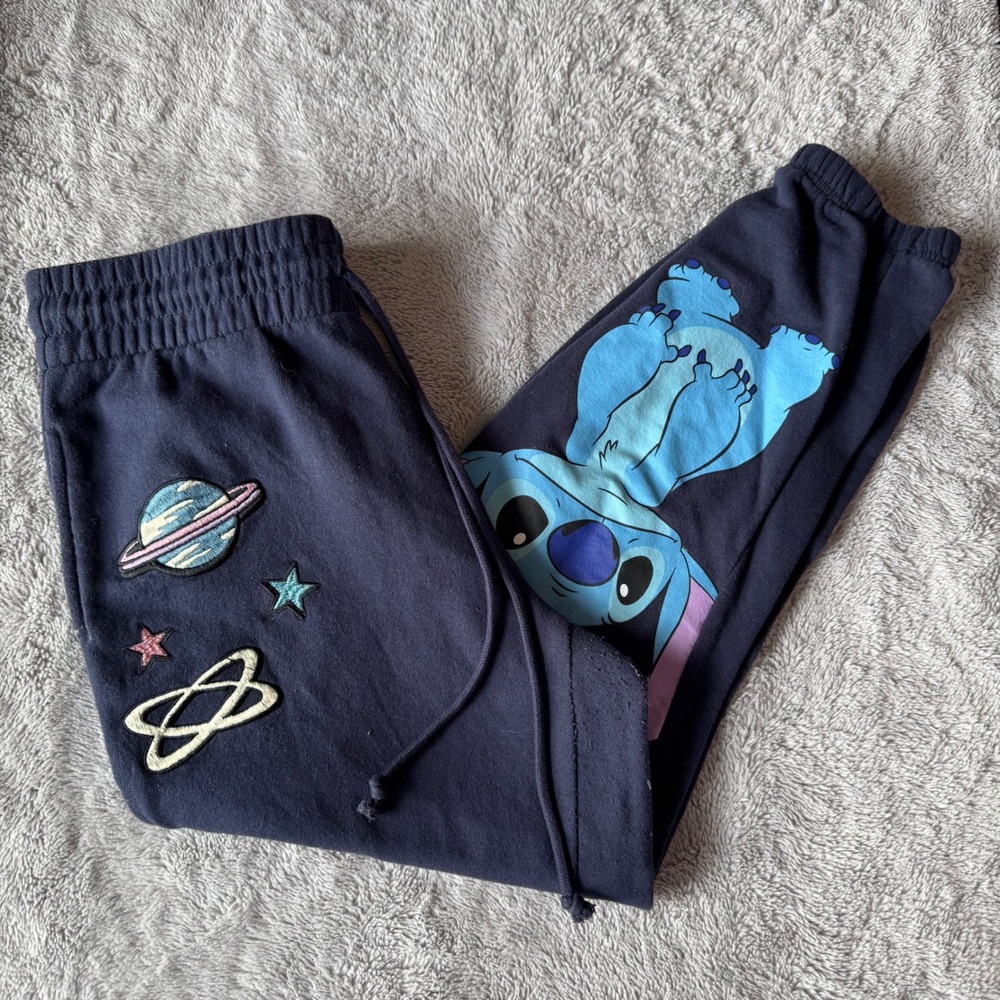 Disney Stitch‎ Kids Navy Blue Joggers Sweatpants Space Patches L 11/13 LJ42333LB